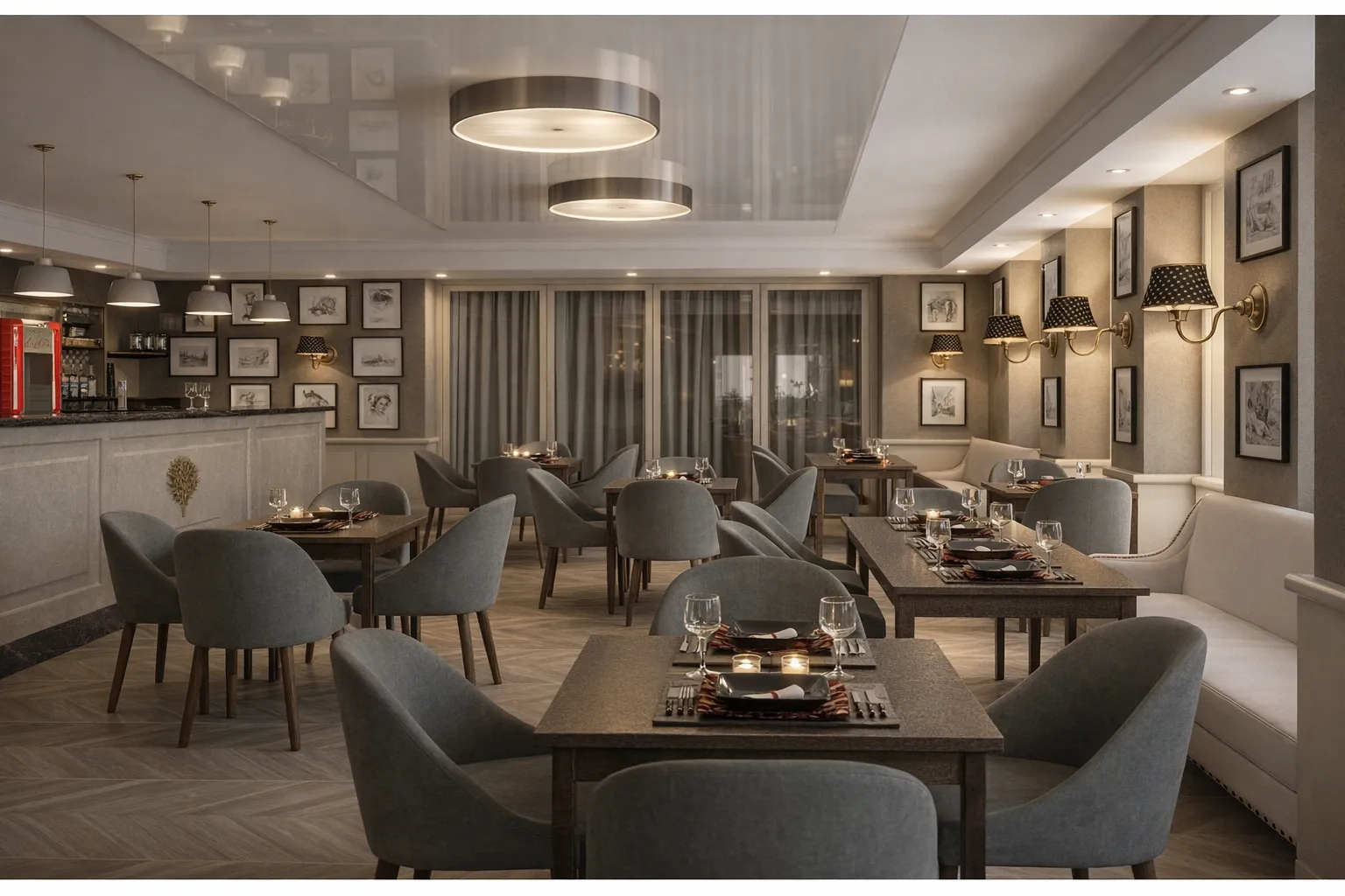 Projekt wnętrz restauracji hotelowej i sal bankietowych — Dworek pod Platanem, Kozłów (Gliwice).