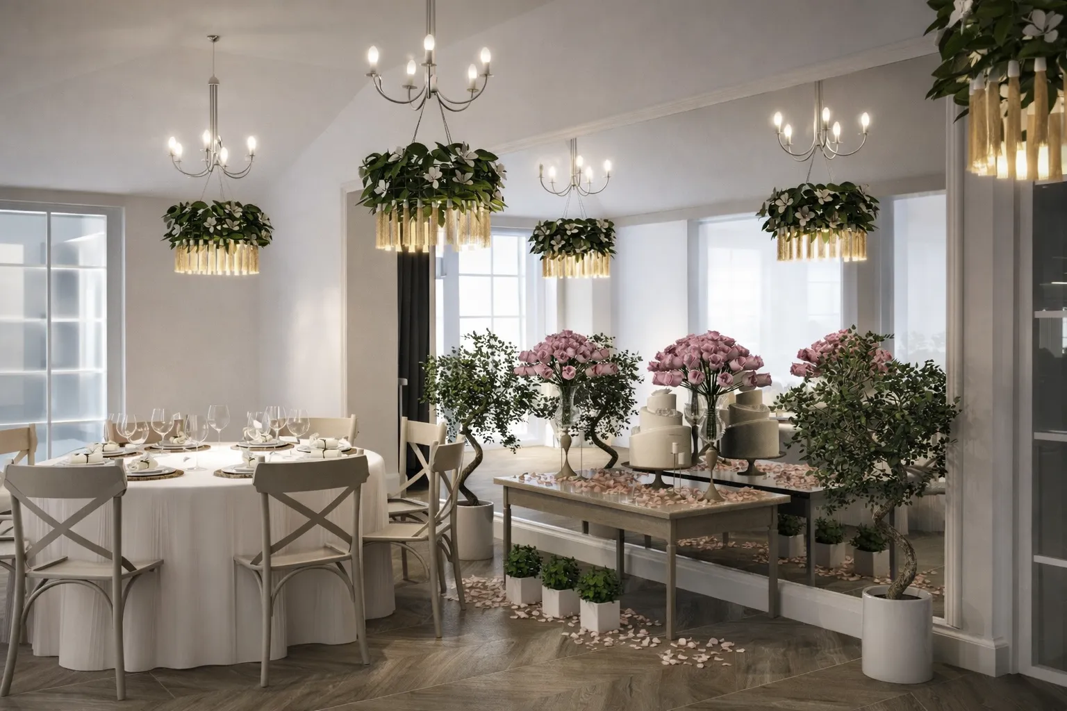 Projekt wnętrz oranżerii — sala bankietowa (dom przyjęć). Dworek pod Platanem, Kozłów (Gliwice).