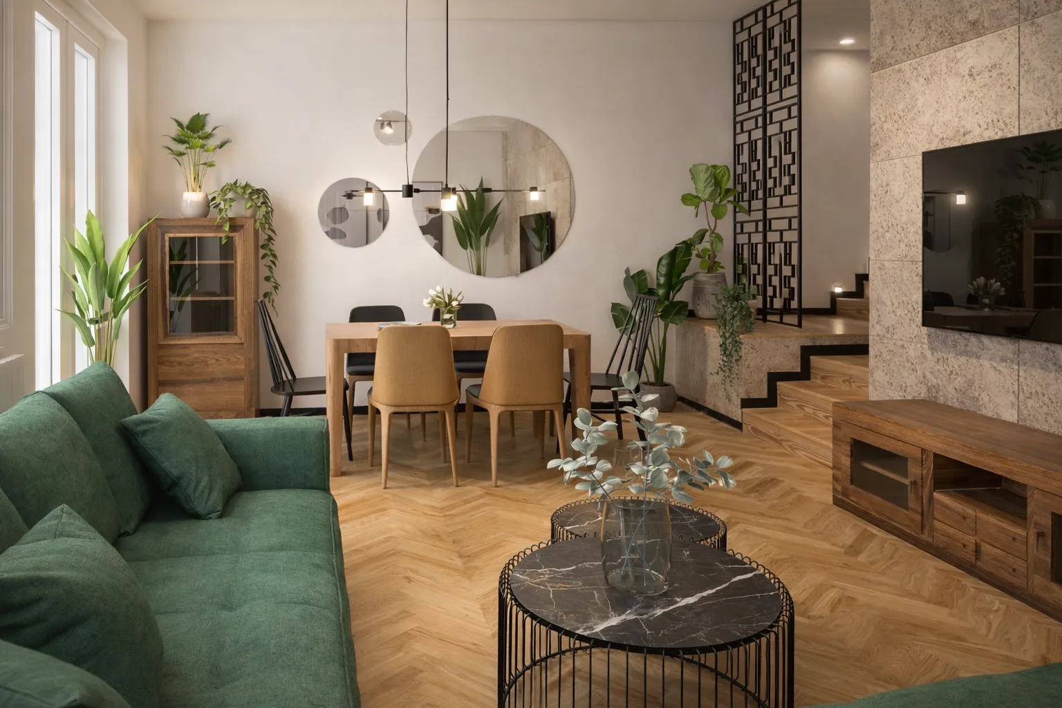 Projekt wnętrz w budynku w zabudowie szeregowej — salon, kuchnia, sypialnia, gabinet. Cieszyn.